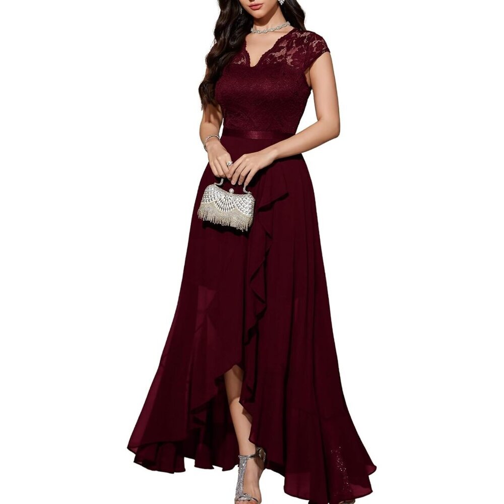 Women's Burgundy V-Neck  Hi-Lo Floral Lace Prom Cocktail Party Formal Dress